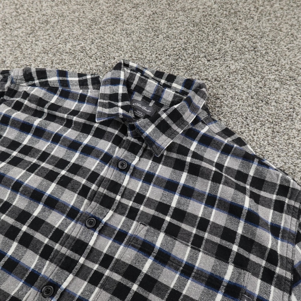Eddie Bauer Shirt Mens XL Black Gray Plaid Flannel Button Up Long Sleeve Outdoor